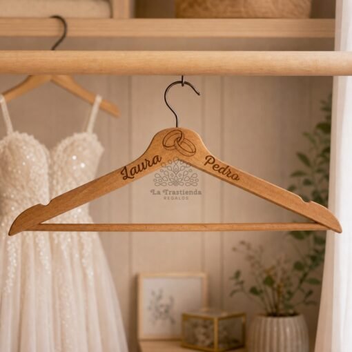 Percha de boda personalizada de madera con nombres Laura y Pedro grabados a laser