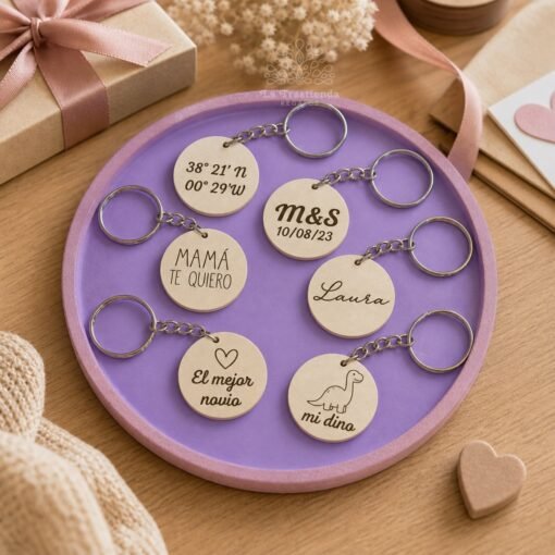 Llaveros personalizados sobre bandeja morada en mesa de regalo