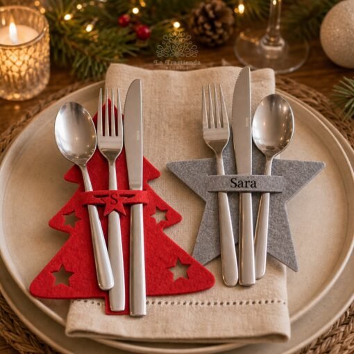 Servilleteros de fieltro personalizados en mesa de Navidad