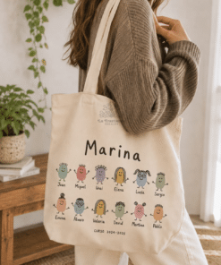 Bolsa personalizada para profes y maestros con nombre grande y dibujos de monstruitos