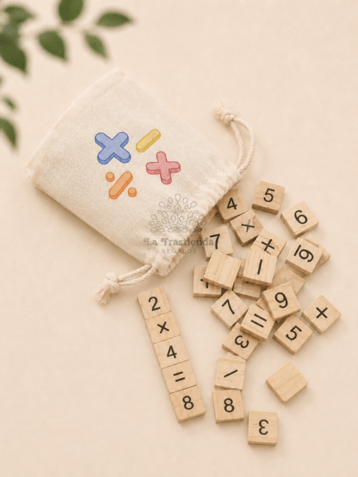 Juego de madera de números y operaciones con bolsita personalizada y marca de agua La Trastienda Regalos