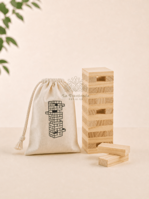 Mini Jenga personalizado con bolsita de tela y marca de agua central La Trastienda Regalos