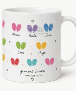 Taza personalizada para maestros y profesores con huellas y nombres de alumnos