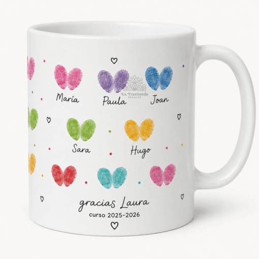 Taza personalizada para maestros y profesores con huellas y nombres de alumnos