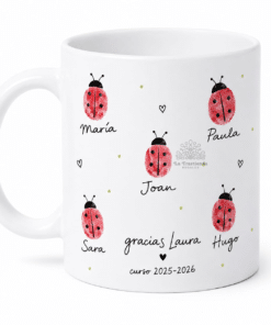 Taza personalizada para maestros y profesores con mariquitas, huellas y nombres